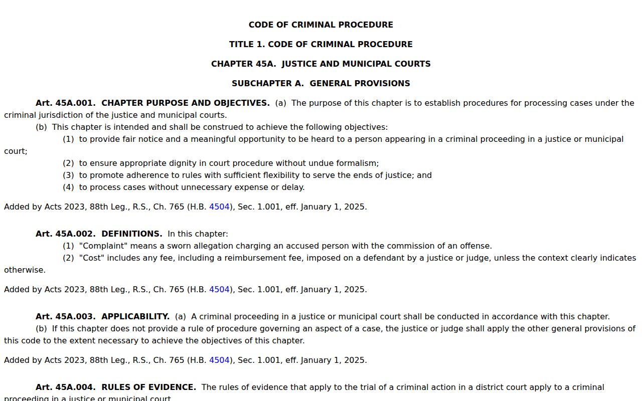 Terrell County bench warrant research reference to Texas Chapter 45A