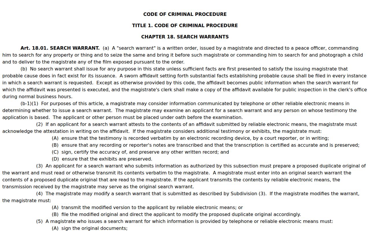 Terrell County warrant records reference to Texas search-warrant rules