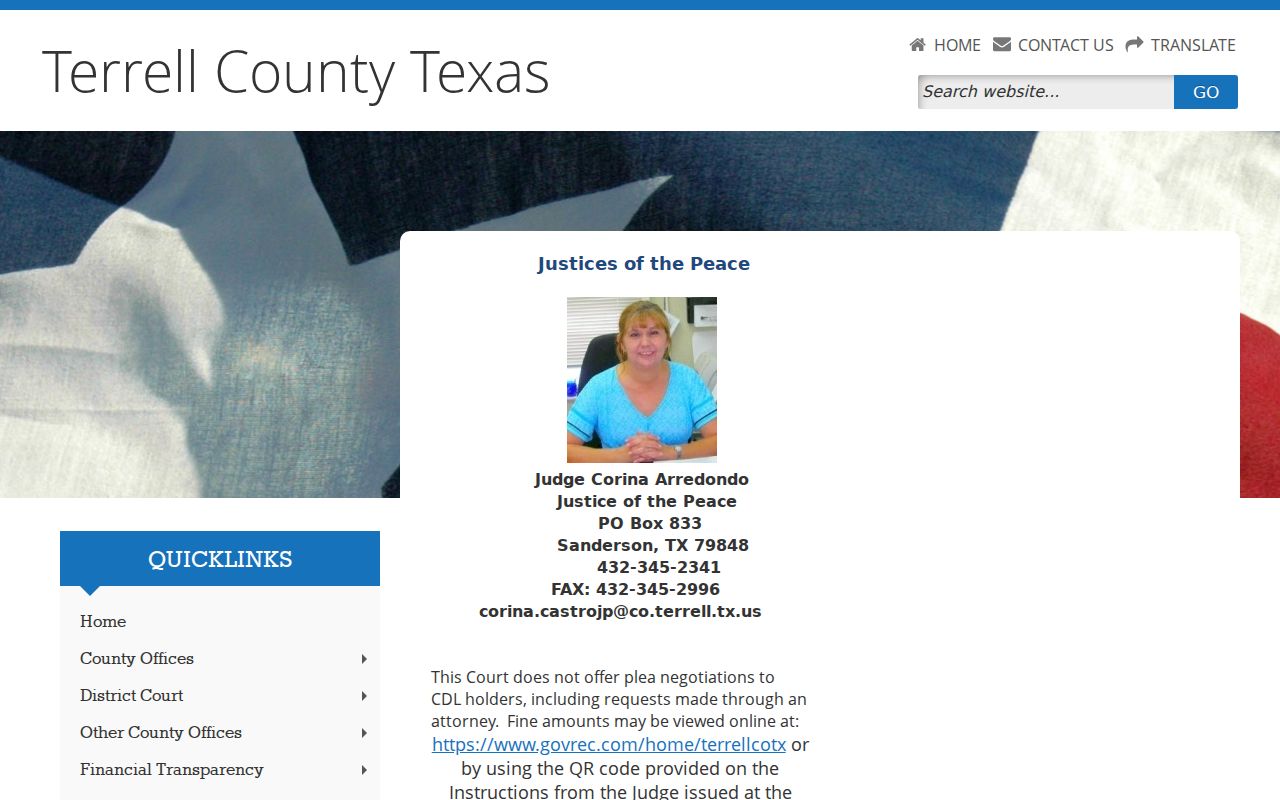 Terrell County bench warrant contact through the county Justice of the Peace page
